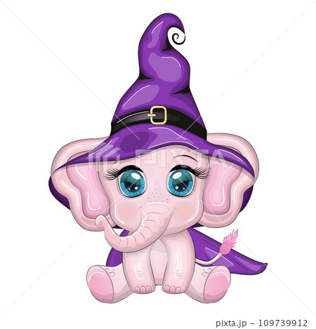 Cute cartoon elephant, childish character in wizard hat with pumpkin, potion or broom, halloween Cute cartoon elephant, childish character in wizard hat with pumpkin, potion or broom, halloween 109739912