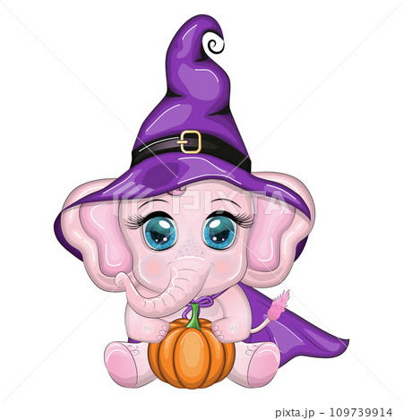 Cute cartoon elephant, childish character in wizard hat with pumpkin, potion or broom, halloween 109739914