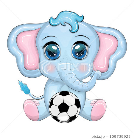Cute cartoon elephant, children's character with beautiful eyes with a soccer ball, games for children and adults 109739923