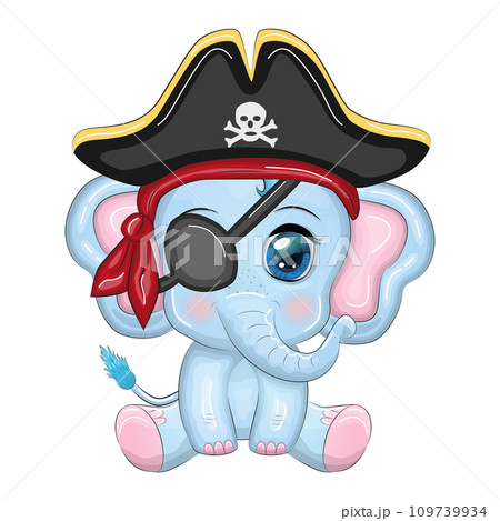 Elephant pirate, cartoon character of the game, wild animal in a bandana and a cocked hat with a skull Elephant pirate, cartoon character of the game, wild animal in a bandana and a cocked hat with a skull 109739934
