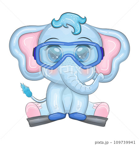 Cute cartoon elephant, child character with beautiful eyes, wearing flippers and mask, on the beach and on vacation. 109739941