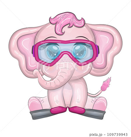 Cute cartoon elephant, child character with beautiful eyes, wearing flippers and mask, on the beach and on vacation. Cute cartoon elephant, child character with beautiful eyes, wearing flippers and mask, on the beach and on vacation. 109739943