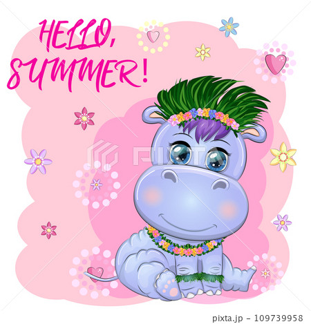 Hippopotamus cartoon character, wild animal in swimming ring, hat, summer is coming, hula dancer Hippopotamus cartoon character, wild animal in swimming ring, hat, summer is coming, hula dancer 109739958
