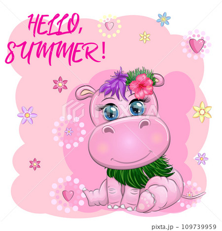 Hippopotamus cartoon character, wild animal in swimming ring, hat, summer is coming, hula dancer Hippopotamus cartoon character, wild animal in swimming ring, hat, summer is coming, hula dancer 109739959
