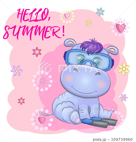 Hippopotamus cartoon character, wild animal in swimming ring, hat, summer is coming, hula dancer Hippopotamus cartoon character, wild animal in swimming ring, hat, summer is coming, hula dancer 109739960