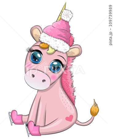 Cute cartoon unicorn in santa hat with gift, christmas ball, candy kane. New Year and Christmas holiday Cute cartoon unicorn in santa hat with gift, christmas ball, candy kane. New Year and Christmas holiday 109739989