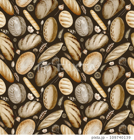 Watercolor seamless pattern of baking bread. Handmade wheat product. French baguette and homemade food on a black background. Drawing designs for cafes and restaurants. 109740139