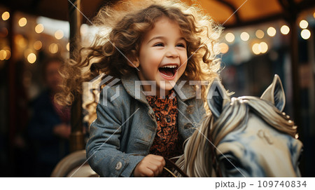 A happy girl child expressing excitement while riding on a carousel at an amusement park. Merry-go-round. Generative Ai. 109740834