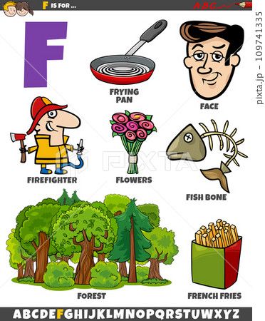 Letter F set with cartoon objects and characters Letter F set with cartoon objects and characters 109741335
