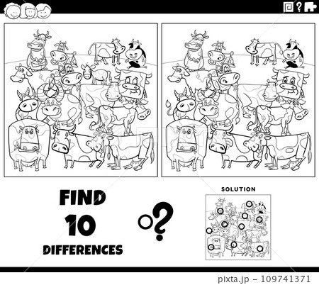 differences game with cartoon farm cows coloring page 109741371