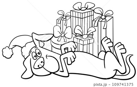 funny cartoon dog with Christmas presents coloring page funny cartoon dog with Christmas presents coloring page 109741375