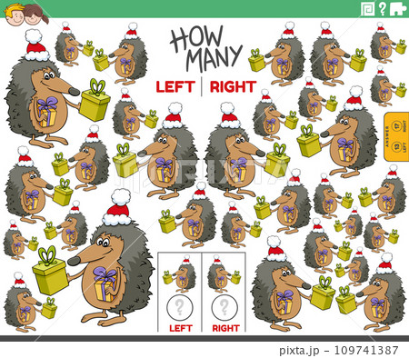 count left and right pictures of hedgehog with Christmas gifts count left and right pictures of hedgehog with Christmas gifts 109741387