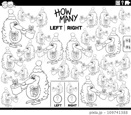 counting left and right hedgehog with Christmas gifts coloring page 109741388
