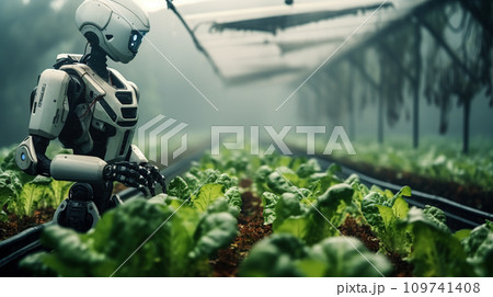 AI Robot farmer observes growth of organic plants on a field. Artificial Intelligence futuristic vertical farming and Smart Farming Concept. Generative Ai. 109741408
