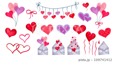 Set of elements for Valentine Day, Singles Day, friends and girlfriends. Various shapes and colors of hearts, envelopes, bows and heart shaped balloons, ribbons.Watercolor handmade isolated art. 109741412