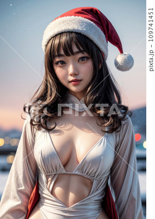 クリスマスの朝にサンタのコスプレをして微笑む女性 109741451
