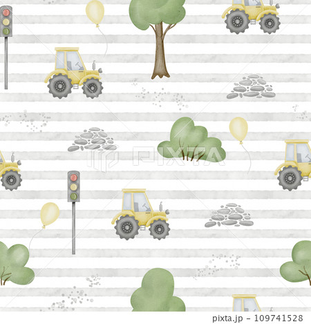 Car seamless Pattern Watercolor illustration. Hand drawn on isolated background. Tractor driving on road in cute town. Sketch of cartoon city with trucks for Baby fabric and paper design. 109741528