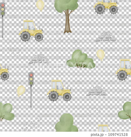 Car seamless Pattern Watercolor illustration. Hand drawn on isolated background. Tractor driving on road in cute town. Sketch of cartoon city with trucks for Baby fabric and paper design. 109741528