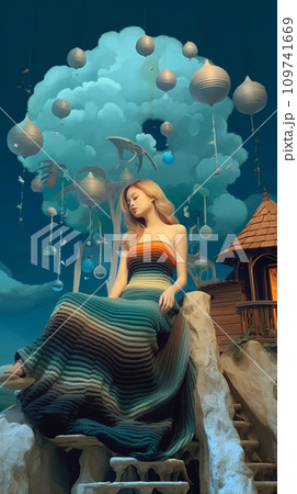 woman in a blue dress sitting on the stone woman in a blue dress sitting on the stone 109741669