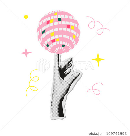 Hand handing disco mirror ball on finger. Colorful halftone mixed media style design. Merry Christmas collage paper sticker. Hand handing disco mirror ball on finger. Colorful halftone mixed media style design. Merry Christmas collage paper sticker. 109741998