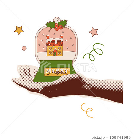 Merry Christmas collage paper sticker. Hand holding snow ball. Colorful halftone mixed media style design. Merry Christmas collage paper sticker. Hand holding snow ball. Colorful halftone mixed media style design. 109741999
