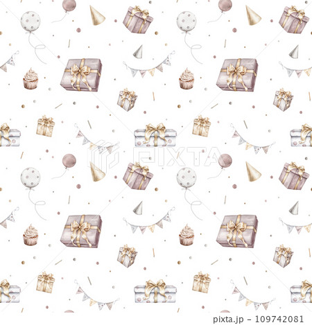 Seamless pattern Happy Birthday Watercolor. Hand drawn collection with gift boxes, garlands and cake for baby shower in cute pastel colors on isolated background. Illustration with presents for party Seamless pattern Happy Birthday Watercolor. Hand drawn collection with gift boxes, garlands and cake for baby shower in cute pastel colors on isolated background. Illustration with presents for party 109742081