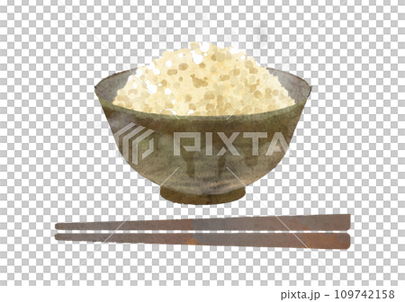 水彩で描いたお椀に入った玄米ご飯と箸のイラスト　湯気あり 109742158