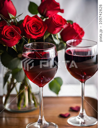 Detailed roses red wine hearts cozy Valentines Detailed roses red wine hearts cozy Valentines 109742626