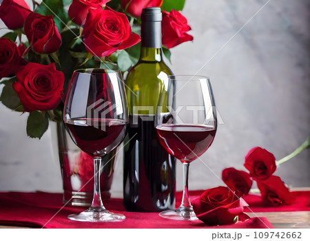 Romantic atmosphere with red wine and roses.のイラスト素材 [109742662] - PIXTA
