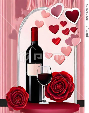 Romantic evening: wine roses hearts detailed ambiance. 109742675