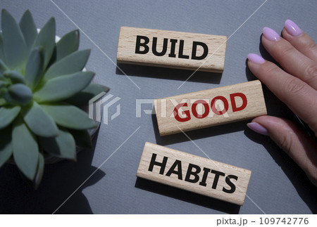 Build good habits symbol. Wooden blocks with words Build good habits. Beautiful grey background with succulent plant. Businessman hand. Business and Build good habits concept. Copy space. Build good habits symbol. Wooden blocks with words Build good habits. Beautiful grey background with succulent plant. Businessman hand. Business and Build good habits concept. Copy space. 109742776