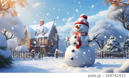 AI-generated content. Christmas cute snowman on a snowy street near the house, AI 109742912