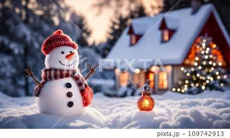AI-generated content. Christmas cute snowman on a snowy street near the house, AI 109742913