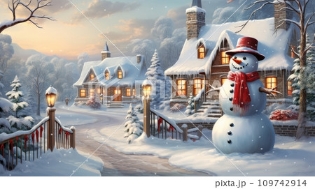 AI-generated content. Christmas cute snowman on a snowy street near the house, AI AI-generated content. Christmas cute snowman on a snowy street near the house, AI 109742914