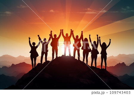 Silhouette of teamwork success victory on top mountain, Business success teamwork concept by Generative AI Silhouette of teamwork success victory on top mountain, Business success teamwork concept by Generative AI 109743403