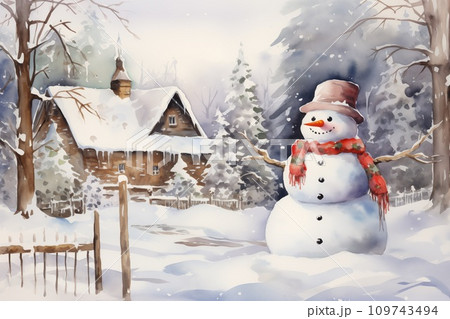 Snowman stands near the house in Christmas Day....のイラスト素材 [109743494] -  PIXTA