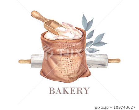 Burlap bag with flour, wooden scoop. Sack with wheat flour and marble rolling pin. Watercolor hand drawn illustration, isolated on white background. Food menu concept is for a bakery or cafe. 109743627