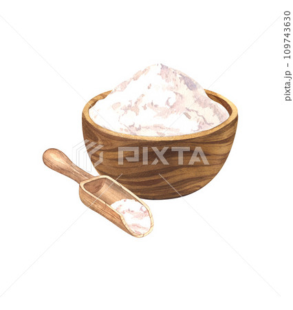 Wooden bowl with wheat flour, wooden scoop. Watercolor hand drawn illustration, isolated on white background. For bakery, cafe, restaurant menu element. 109743630