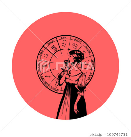 Vector monochrome symbol or icon with astrological sign and romantic beauty woman. Zodiac art. Vector monochrome symbol or icon with astrological sign and romantic beauty woman. Zodiac art. 109743751
