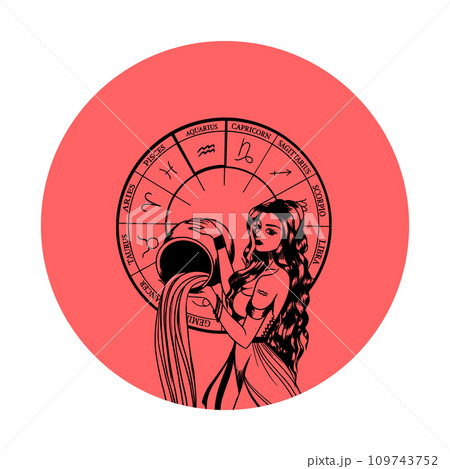 Vector monochrome symbol or icon with astrological sign and romantic beauty woman. Zodiac art. 109743752
