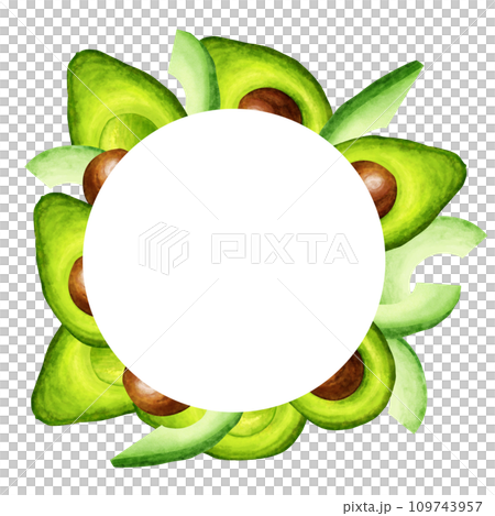 Watercolor round frame, ripe avocado and half of avocado. Hand drawn illustration isolated on white background. Perfect design for food menu, keto diet, design packaging, healthy eating. 109743957