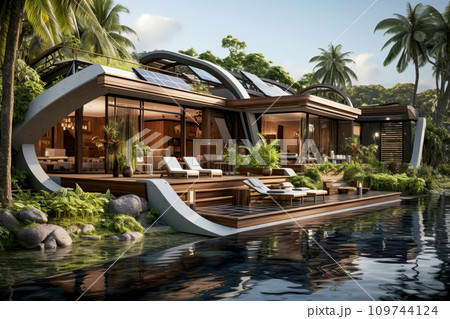 Home ecological architecture aesthetic with solar panels on its roof Home ecological architecture aesthetic with solar panels on its roof 109744124