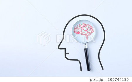 Cognitive problem and brain diseases concept. Magnifying glass focus human brain icon with human drawing. Intelligence memory, Mental health, Education, innovation, psychological analysis, illness, Cognitive problem and brain diseases concept. Magnifying glass focus human brain icon with human drawing. Intelligence memory, Mental health, Education, innovation, psychological analysis, illness, 109744159