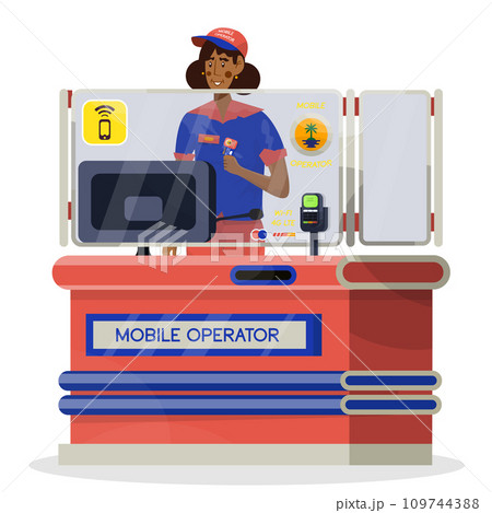 Vector cartoon illustration of woman who is seller of sim cards and fare for mobile phones. 109744388