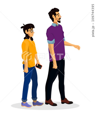 Father with his happy daughter walking. Cartoon vector illustration of single parent with child. 109744395