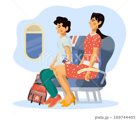 Vector flat illustration of passengers in a cabin of plane during the flight. Vector flat illustration of passengers in a cabin of plane during the flight. 109744405
