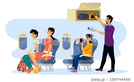 Vector flat illustration of passengers in a cabin of plane during the flight. Vector flat illustration of passengers in a cabin of plane during the flight. 109744406