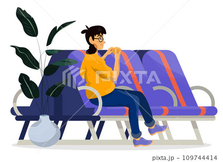 Vector cartoon illustration of girl vegan sitting on a chair in airport priority pass lounge zone. 109744414