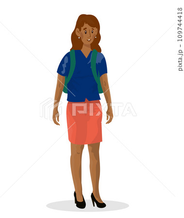 Vector cartoon illustration of school girl or student woman with backpack. 109744418