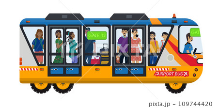 Vector flat illustration of airport shuttle with passengers which going to go fly on a plane. Vector flat illustration of airport shuttle with passengers which going to go fly on a plane. 109744420